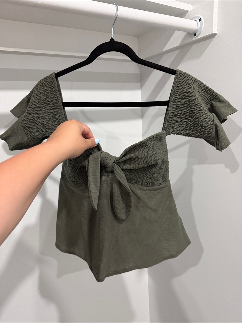 Express Olive Tie-Front Off-Shoulder Crop Top